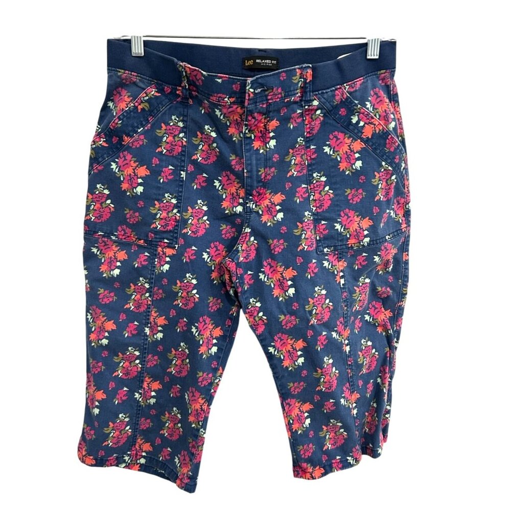 Lee Womens Relaxed Fit Mid Rise Floral Navy Capri Pants Sz M